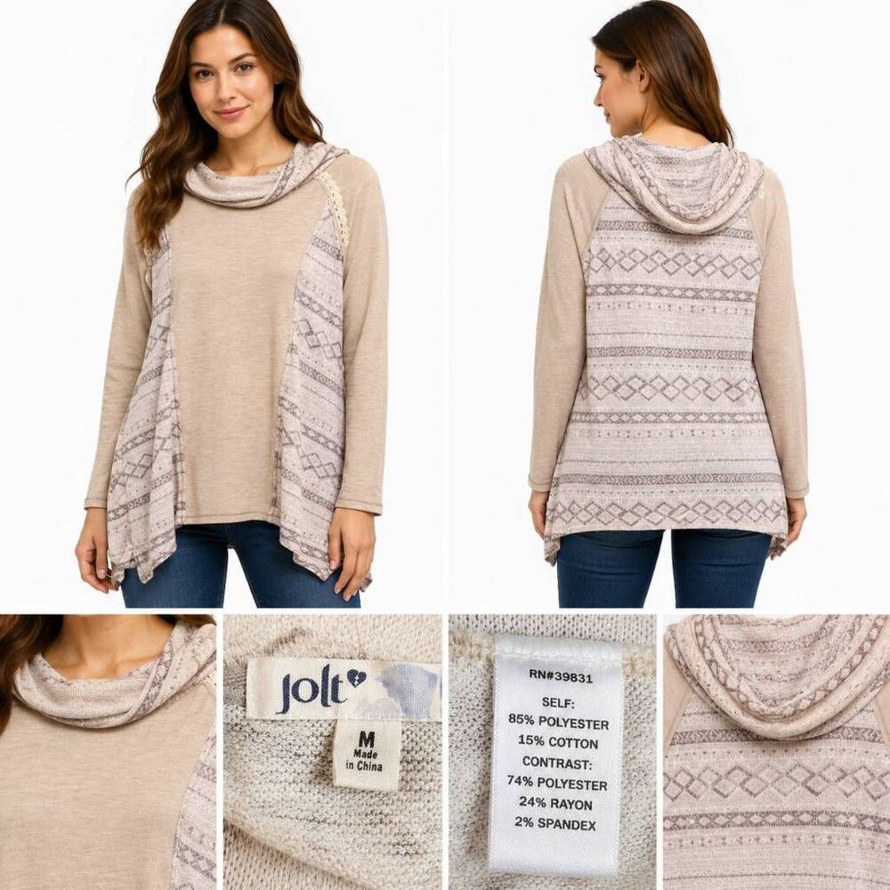 Jolt M Beige Aztec Print Hooded Pullover Long Sleeve Knit Top Boho Lace Detail
